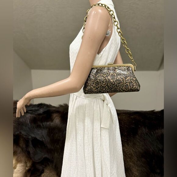 Handmade Floral  Embossed Cowhide Push Lock Clutch, Shoulder Bag, Crossbody - Picture 2 of 16